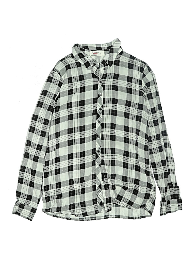 Castro Long Sleeve Button Down Shirt: Green Checkered/Gingham Pattern Tops - Size Small