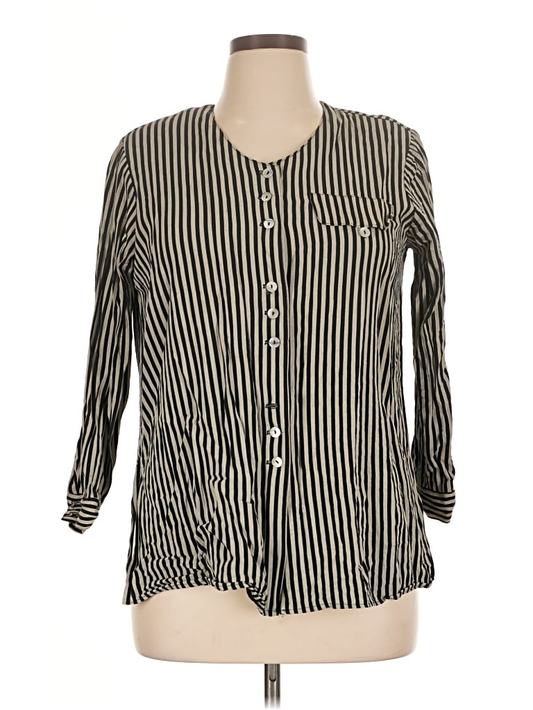 Camille Claudel Long Sleeve Blouse: Black Stripes Pattern Tops - Size 1X