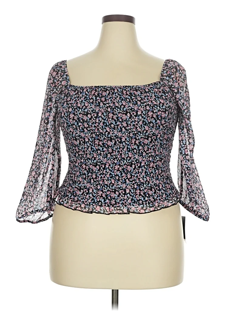 I.N. San Francisco 3/4 Sleeve Blouse: Black Tops - Size X-Large