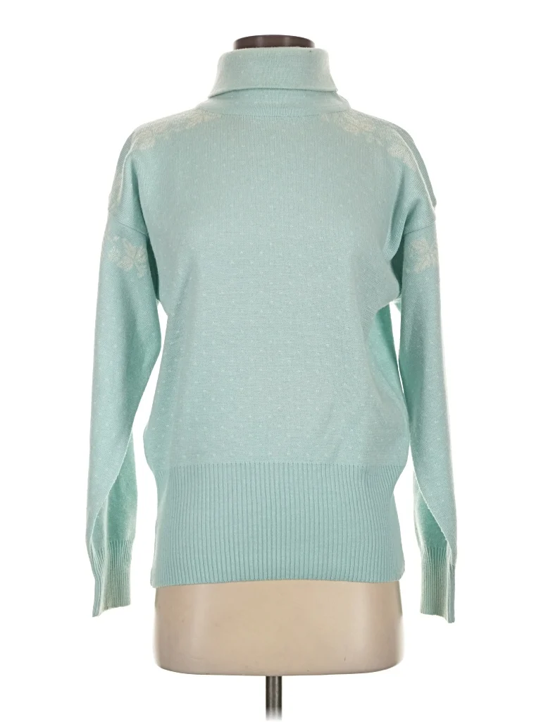 Meister Turtleneck Sweater: Teal Solid Pattern Tops - Size Small