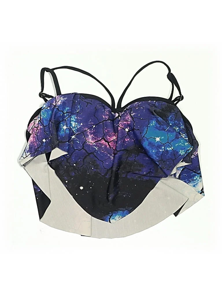 DRESSFO Swimsuit Top: Blue Graphic Pattern Swimwear - Used - Size Small