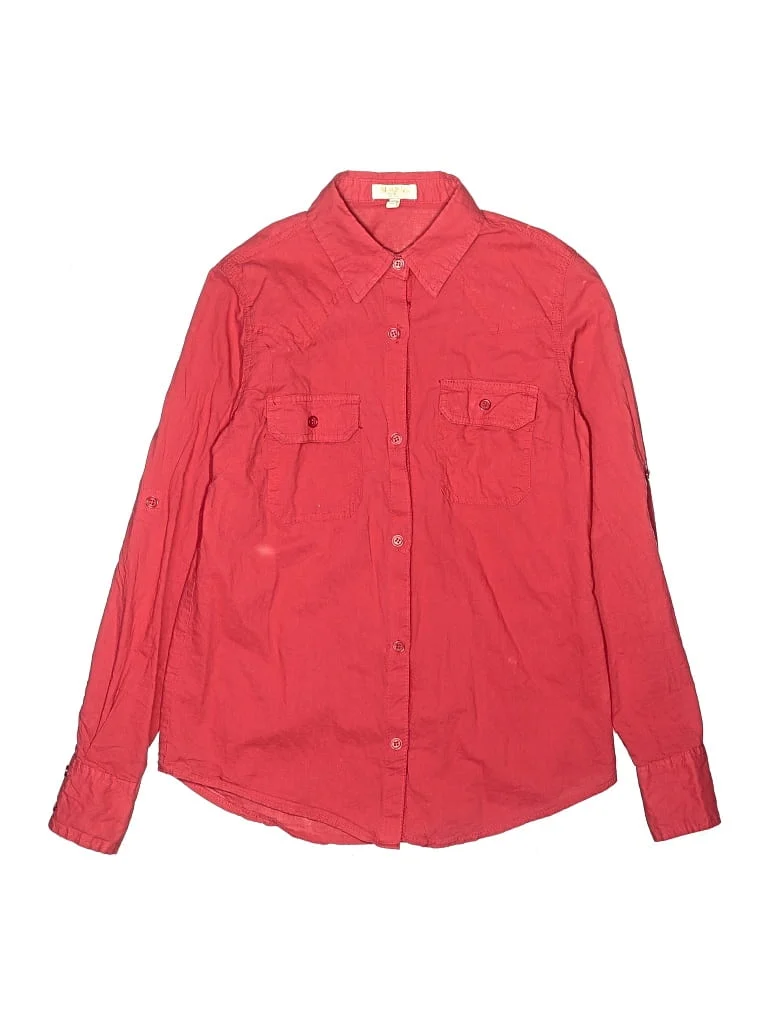 Nana Long Sleeve Button Down Shirt: Red Solid Pattern Tops - Size Large