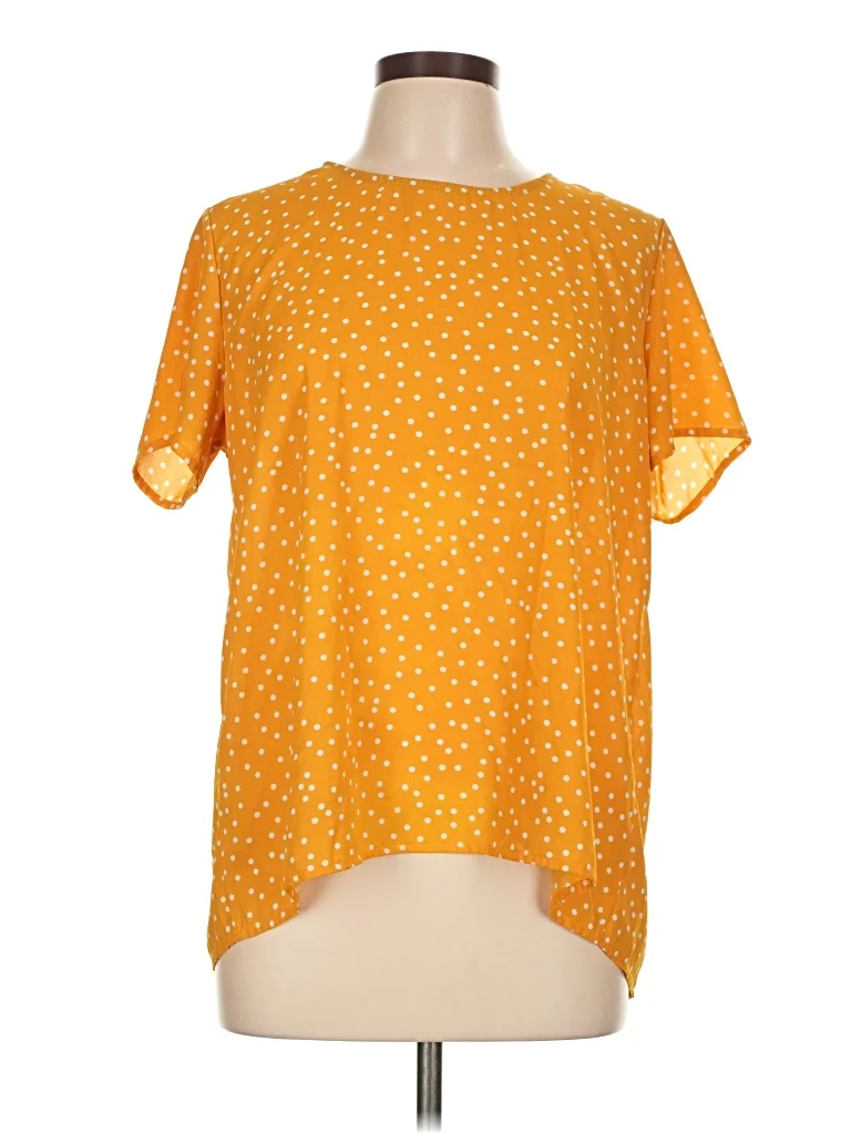 Gray LA Short Sleeve Blouse: Yellow Polka Dots Pattern Tops - Size Large