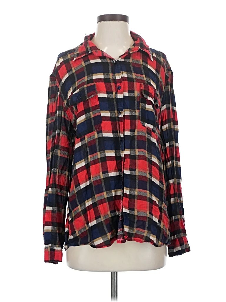 E2 Clothing Long Sleeve Button Down Shirt: Red Plaid Pattern Tops - Size Medium