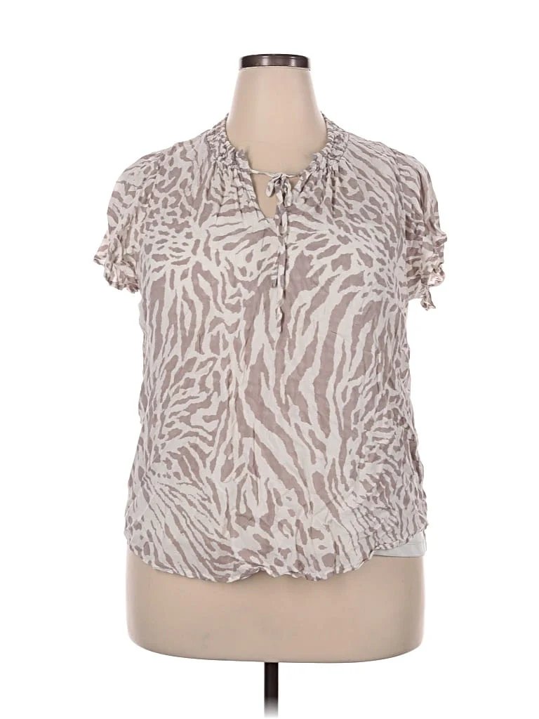 WallpapHER Short Sleeve Blouse: Ivory Animal Print Pattern Tops - Size 2X-Large