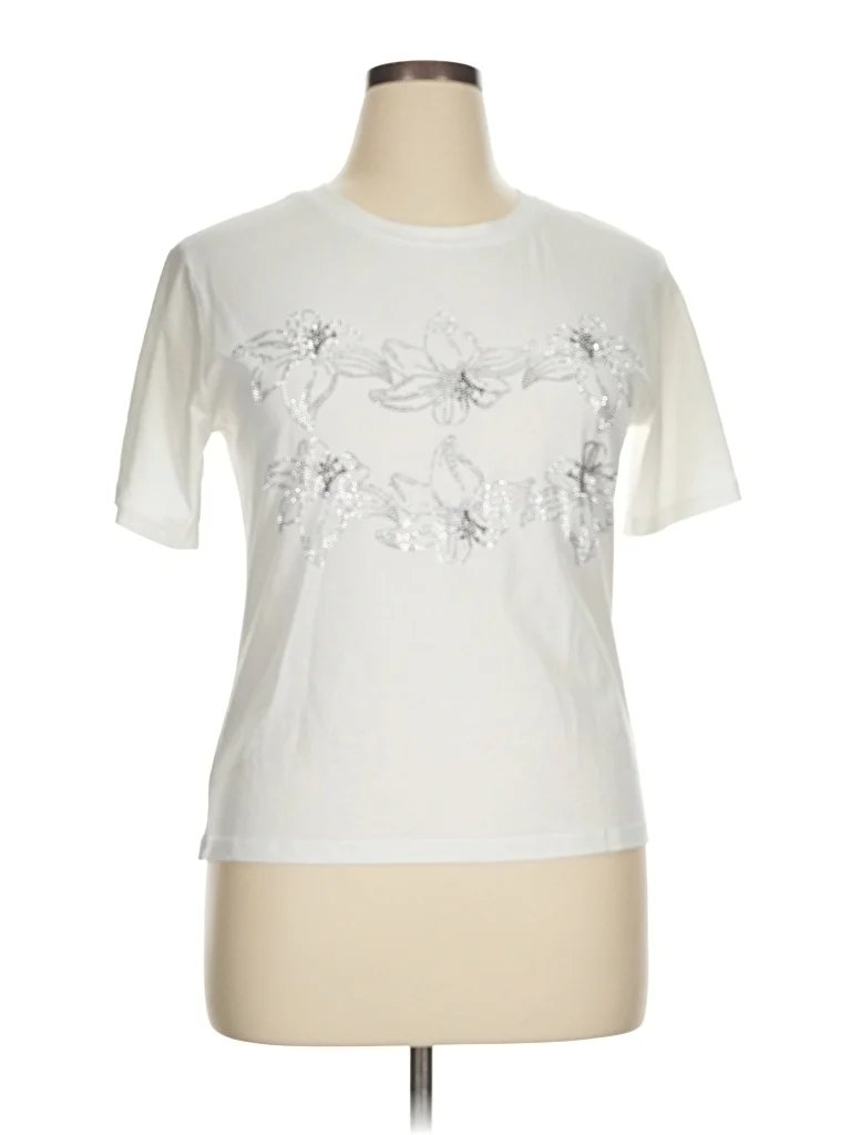 Night Studio Short Sleeve T-Shirt: Ivory Floral Pattern Tops - Size X-Large
