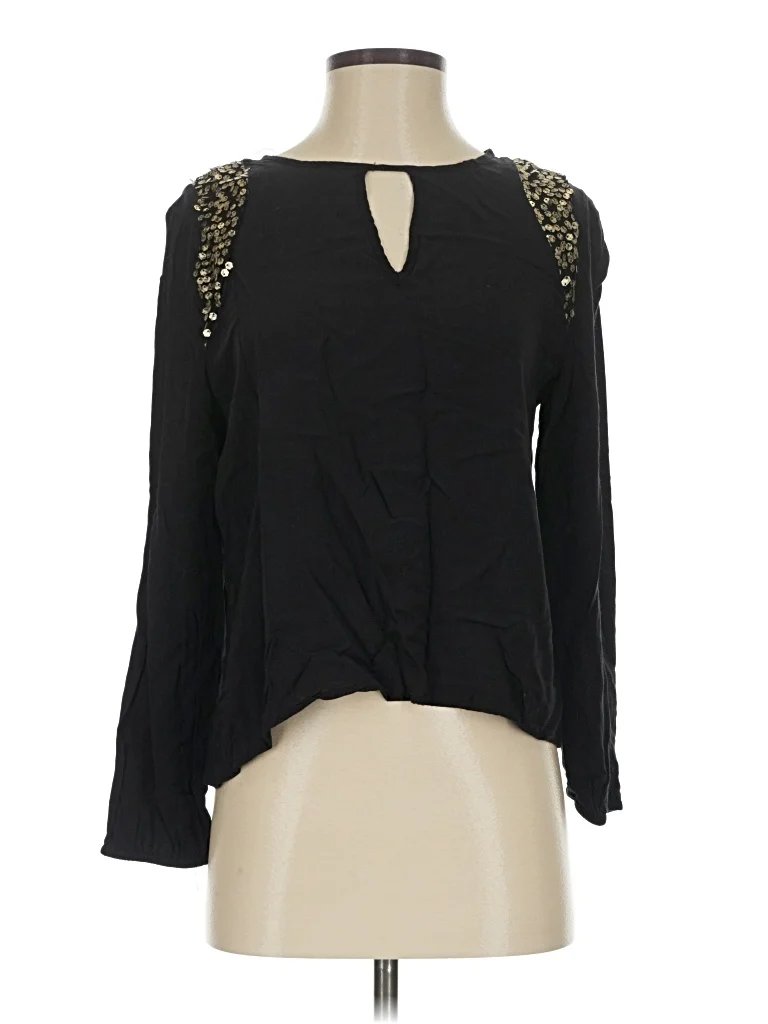 E2 Clothing Long Sleeve Blouse: Black Tops - Size Small