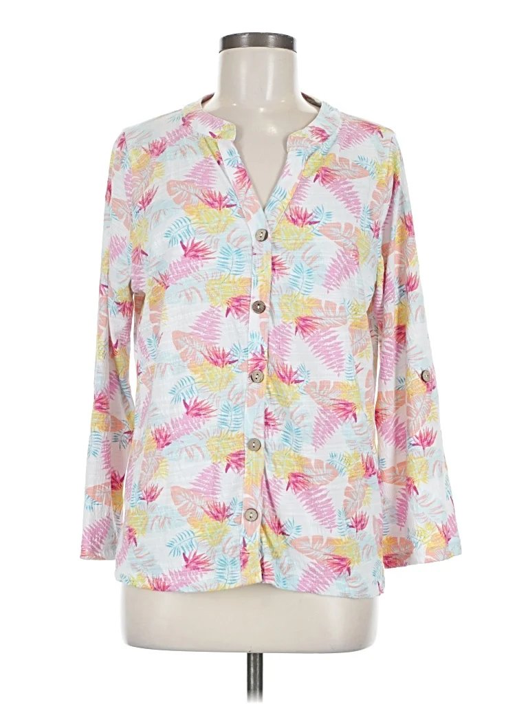 WallpapHER Long Sleeve Blouse: Pink Print Pattern Tops - Size Medium