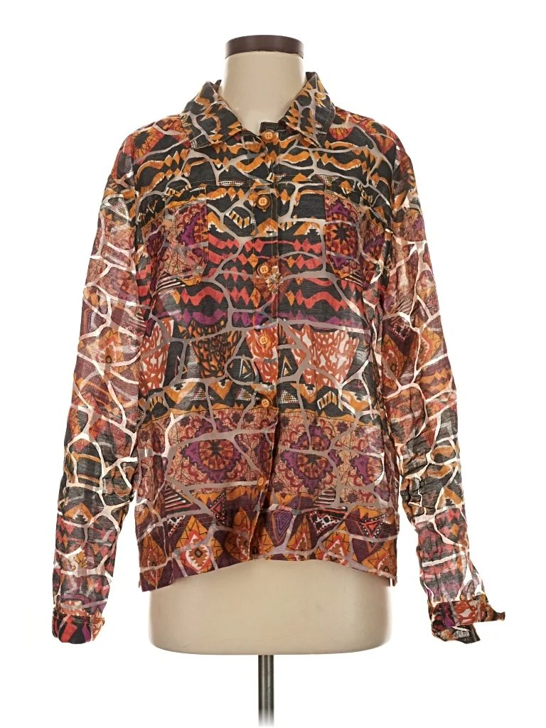 Erin Long Sleeve Blouse: Orange Paisley Pattern Tops - Size Small