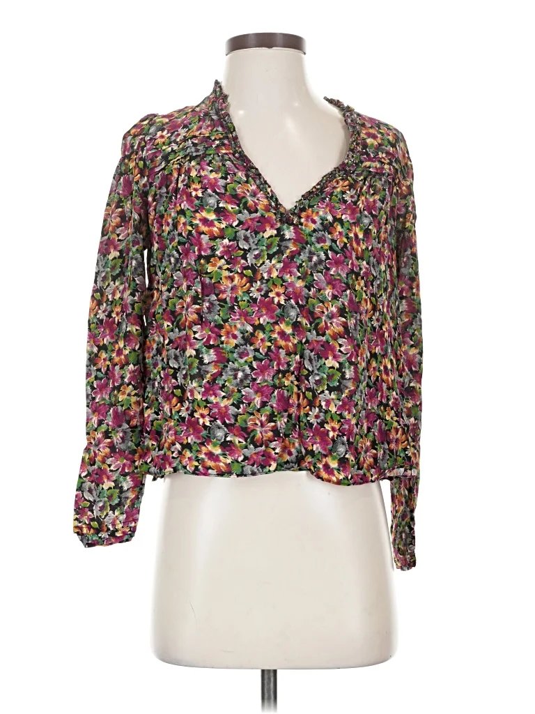 The Westside 3/4 Sleeve Blouse: Purple Floral Pattern Tops - Size Small