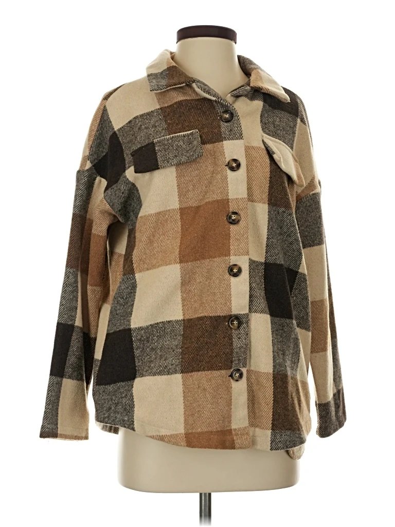 Moment Coat: Brown Plaid Pattern Jackets & Outerwear - Size Small