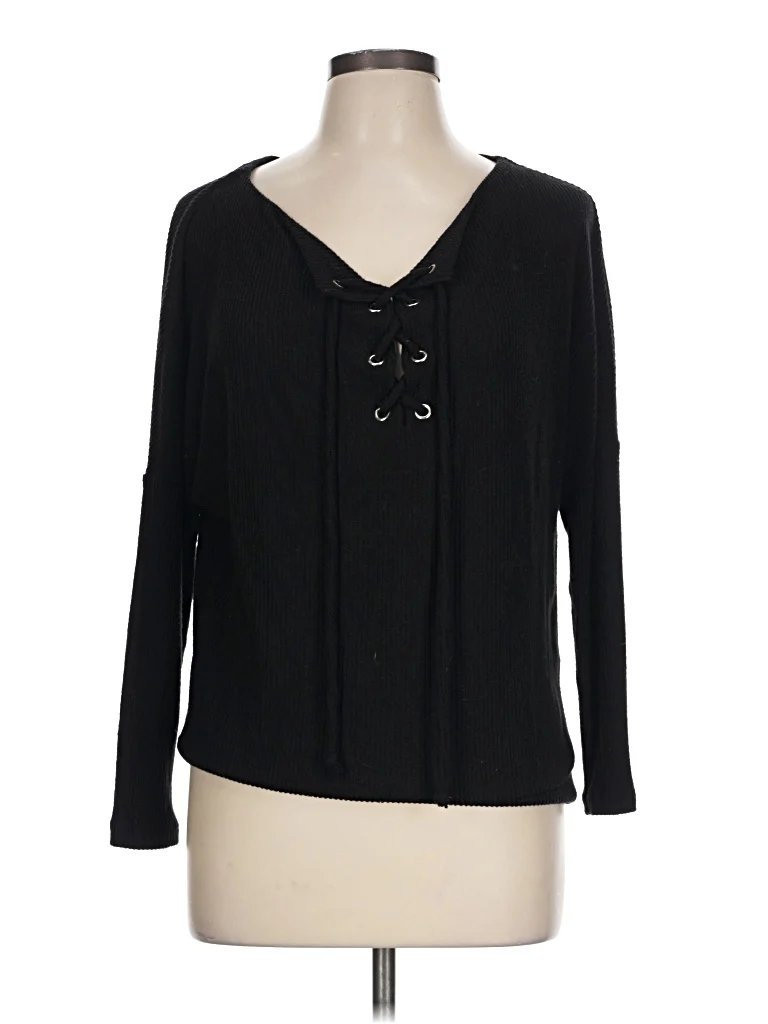 MOD Long Sleeve Henley Shirt: Black Tops - Size Large