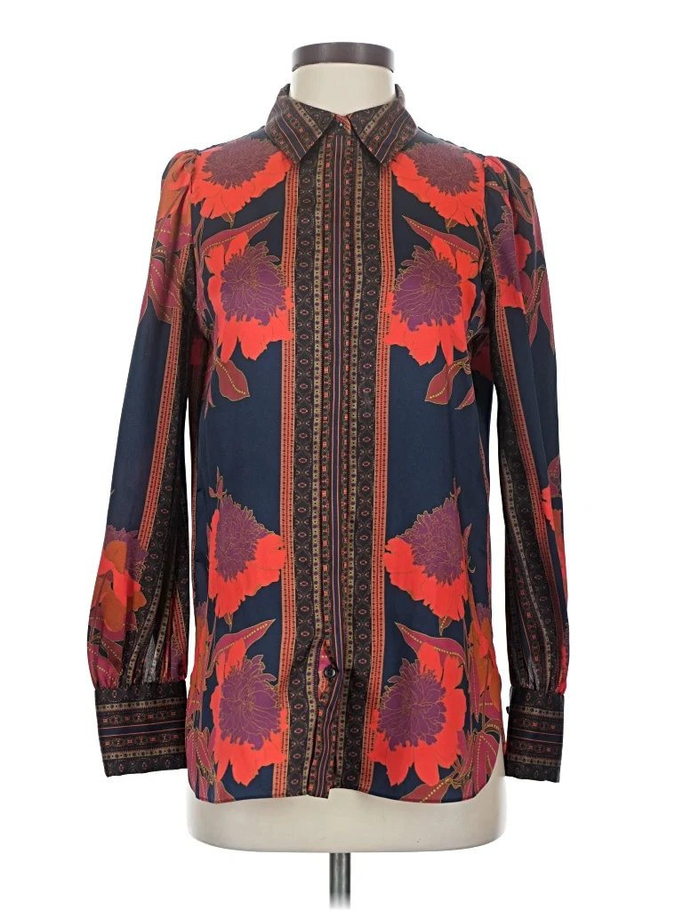 Elie Tahari Long Sleeve Blouse: Red Print Pattern Tops - Size X-Small