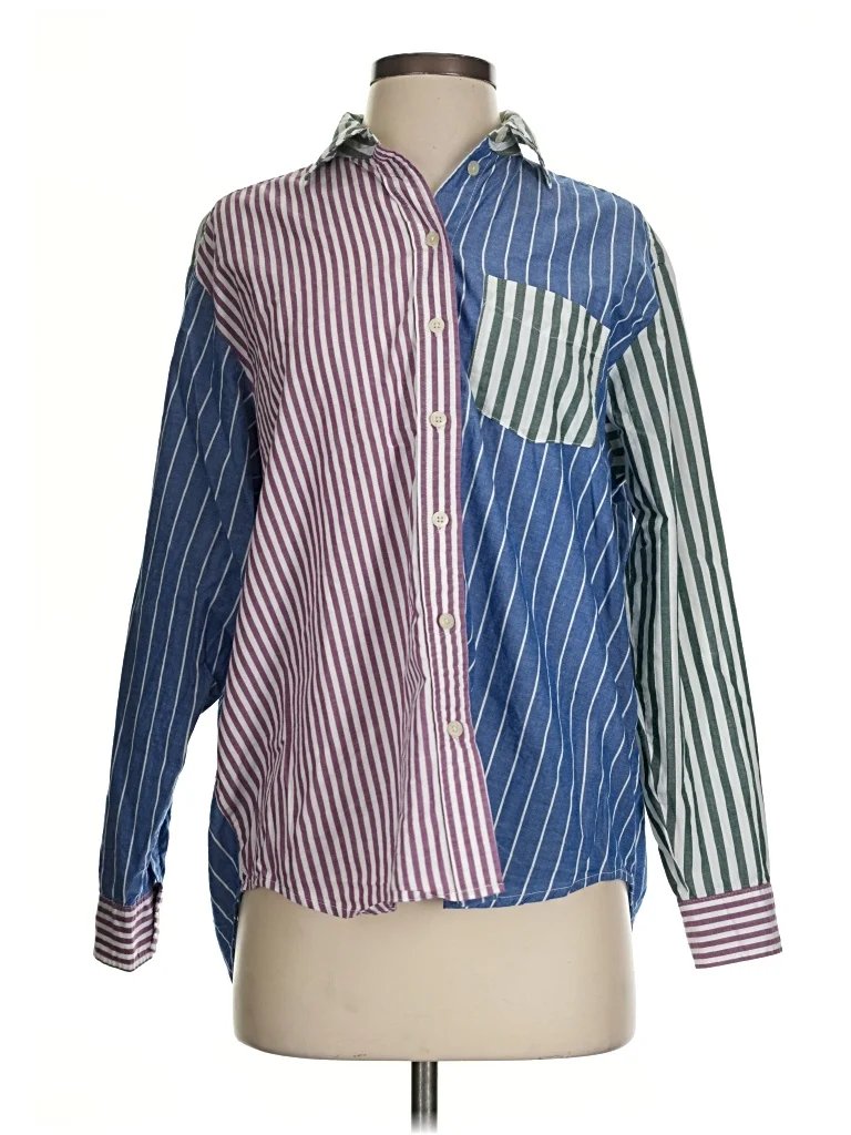 Gap Long Sleeve Button Down Shirt: Blue Color Block Pattern Tops - Size X-Small
