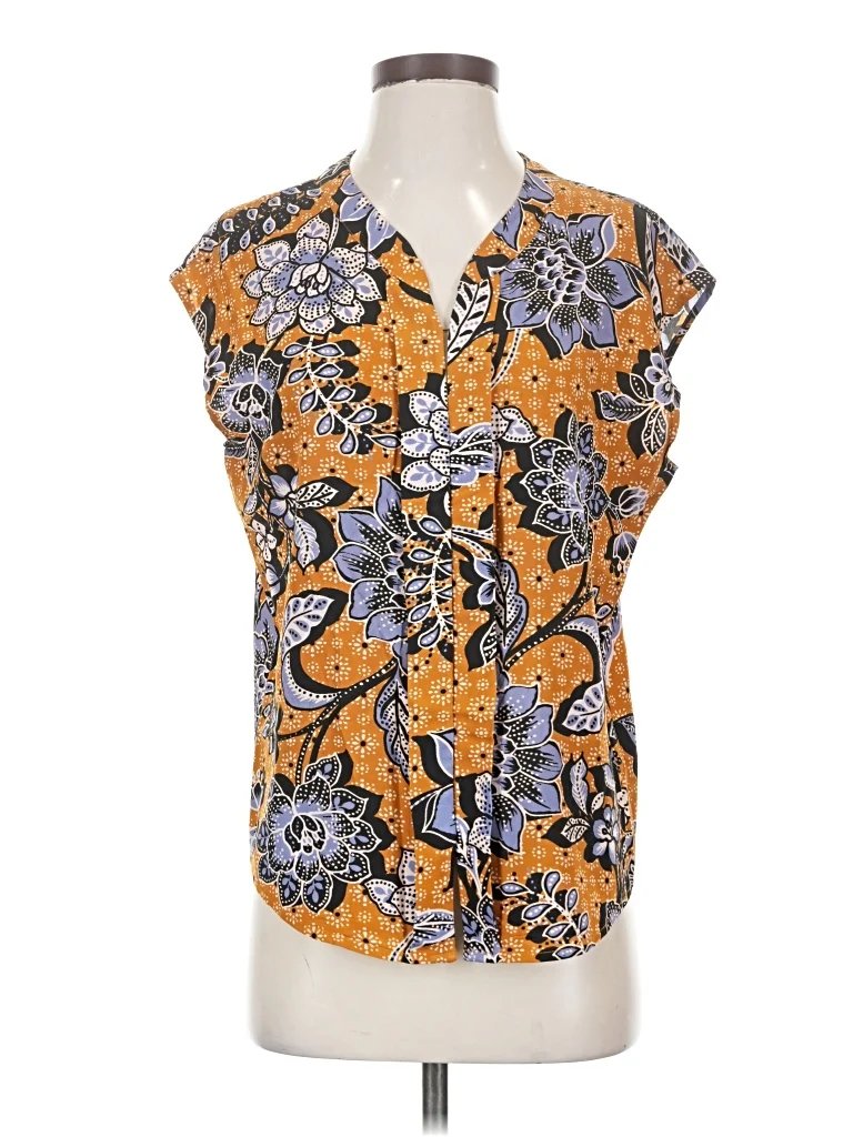 Corey Lynn Calter Short Sleeve Blouse: Orange Paisley Pattern Tops - Size X-Small