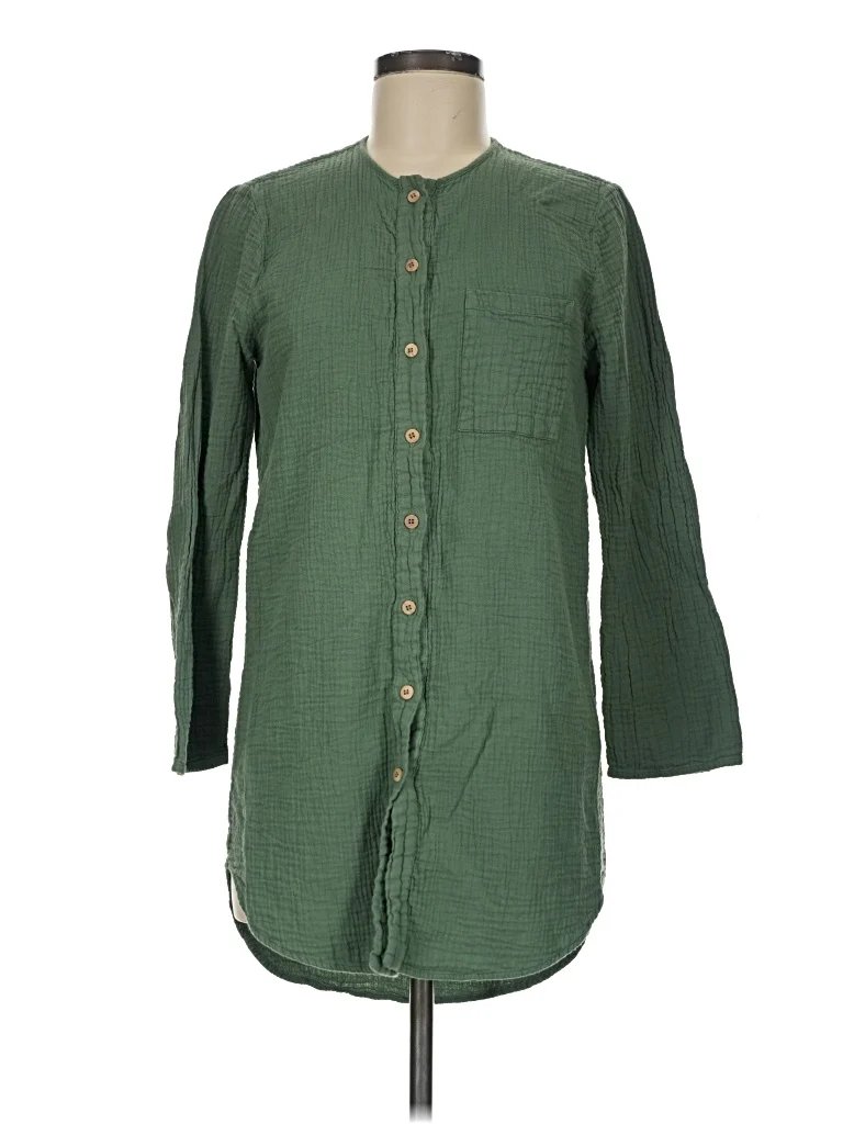 Sister Katie 3/4 Sleeve Button Down Shirt: Green Tops - Size Medium