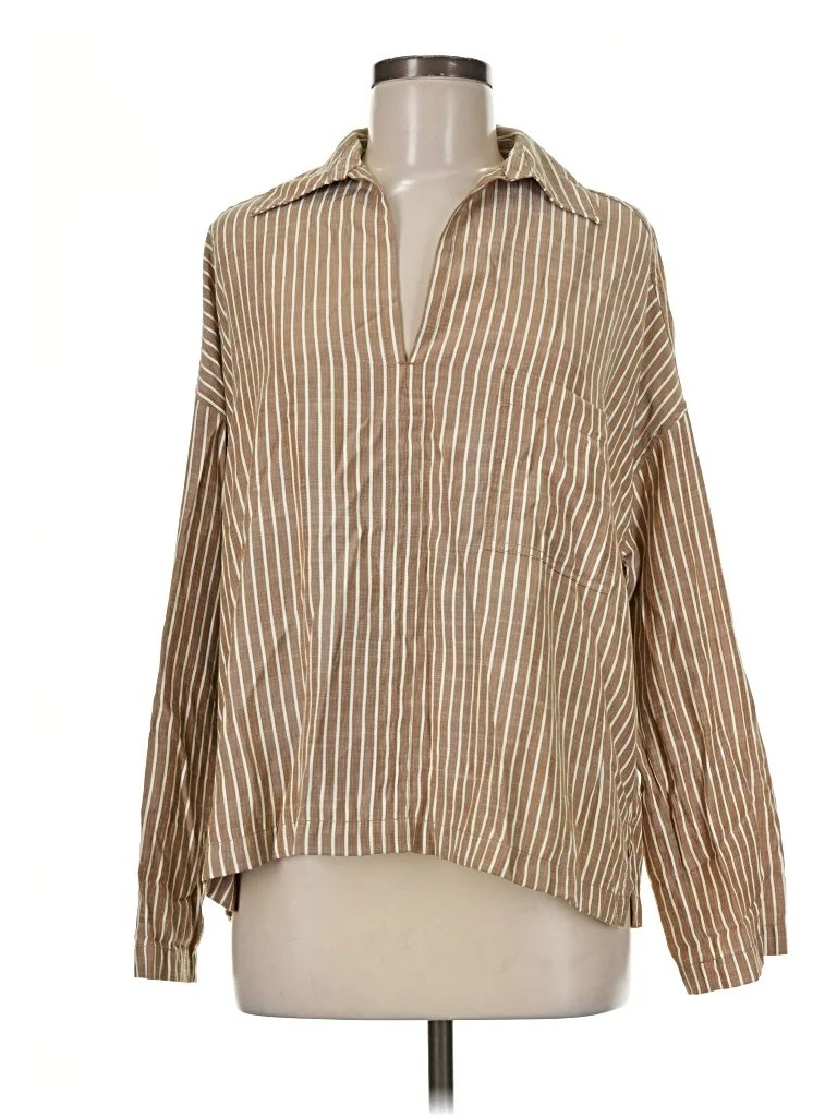 Max Studio Long Sleeve Blouse: Tan Stripes Pattern Tops - Size Medium