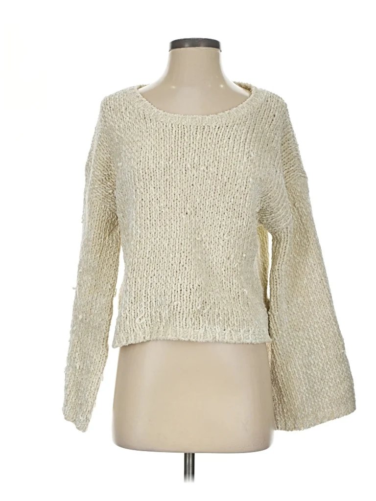 Minkpink Pullover Sweater: Ivory Metallic Pattern Tops - Size Small