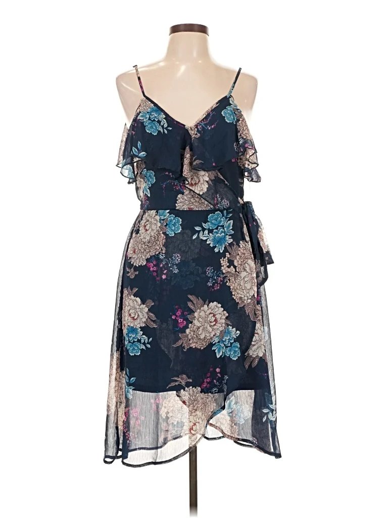 Xhilaration Cocktail Dress - Wrap: Blue Floral Pattern Dresses - New - Size Large