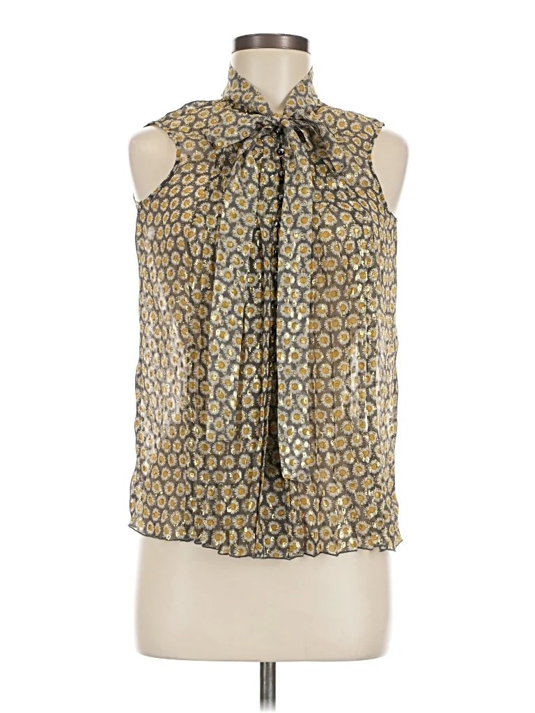 Marc Jacobs Sleeveless Silk Top Gold Floral Pattern Tie Neck Tops - Used - Size 6