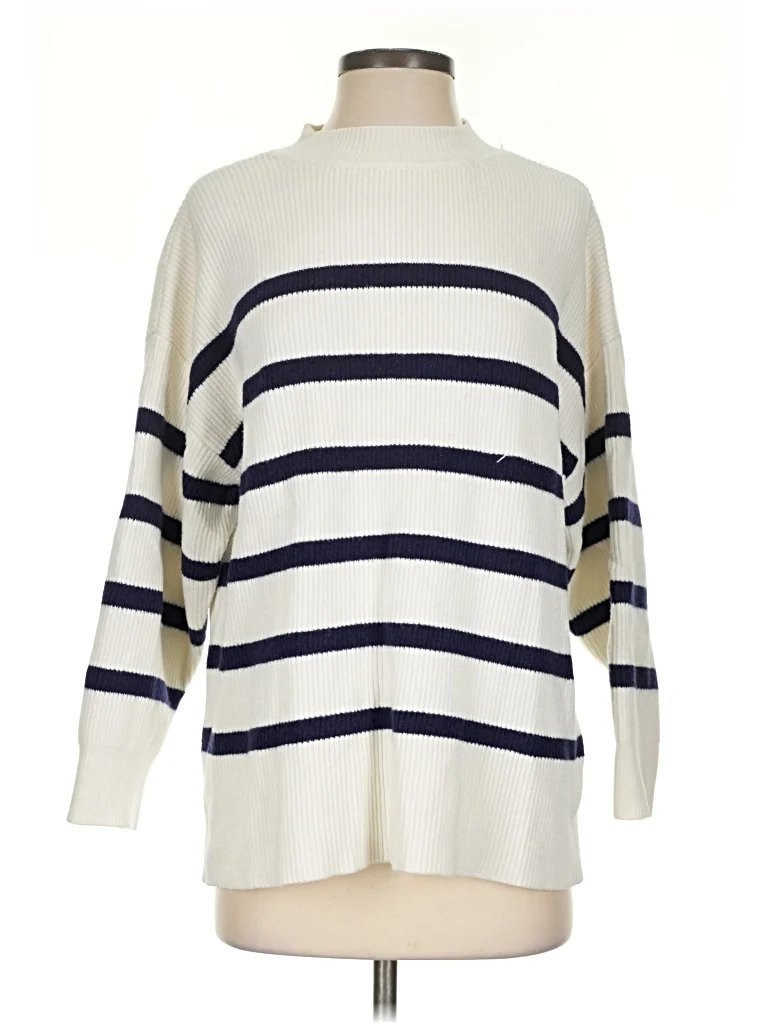 MNG Turtleneck Sweater: Ivory Stripes Pattern Tops - Size Small