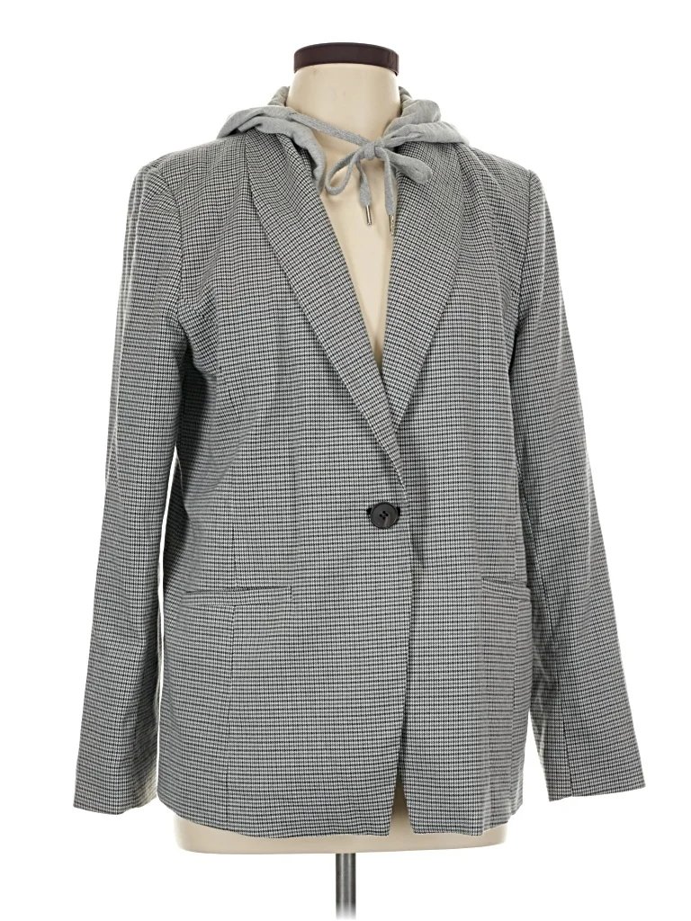 Susan Graver Blazer Jacket: Gray Houndstooth Pattern Jackets & Outerwear - Size Large