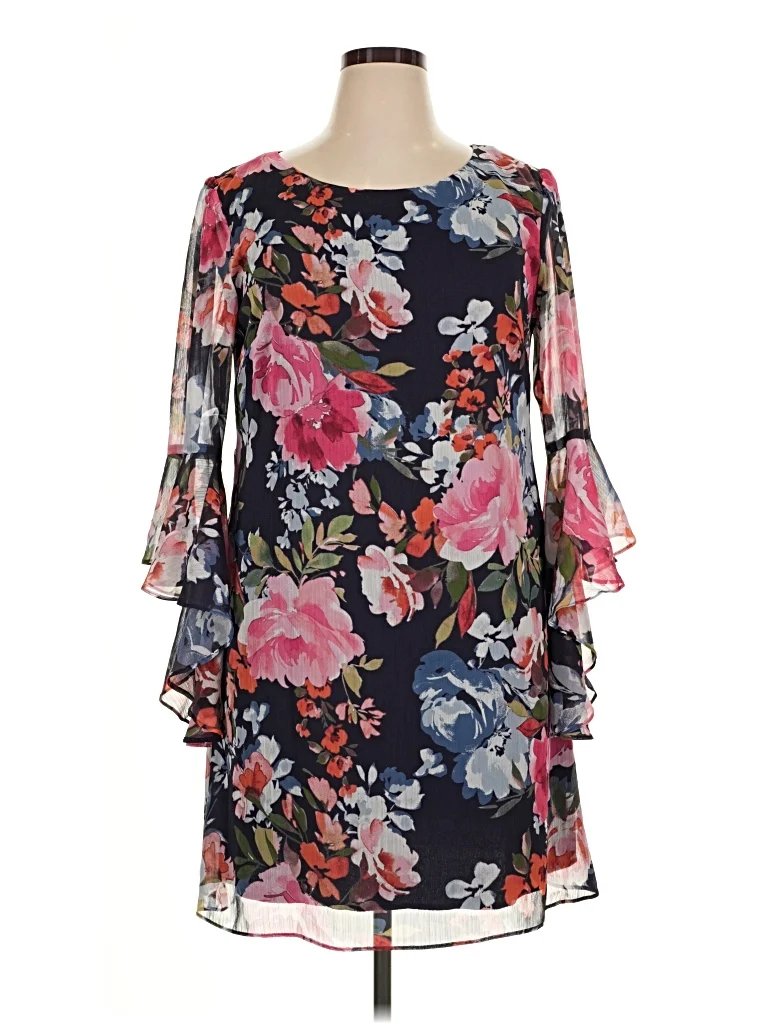 Connected Apparel Cocktail Dress: Black Floral Pattern Dresses - New - Size 14 Petite