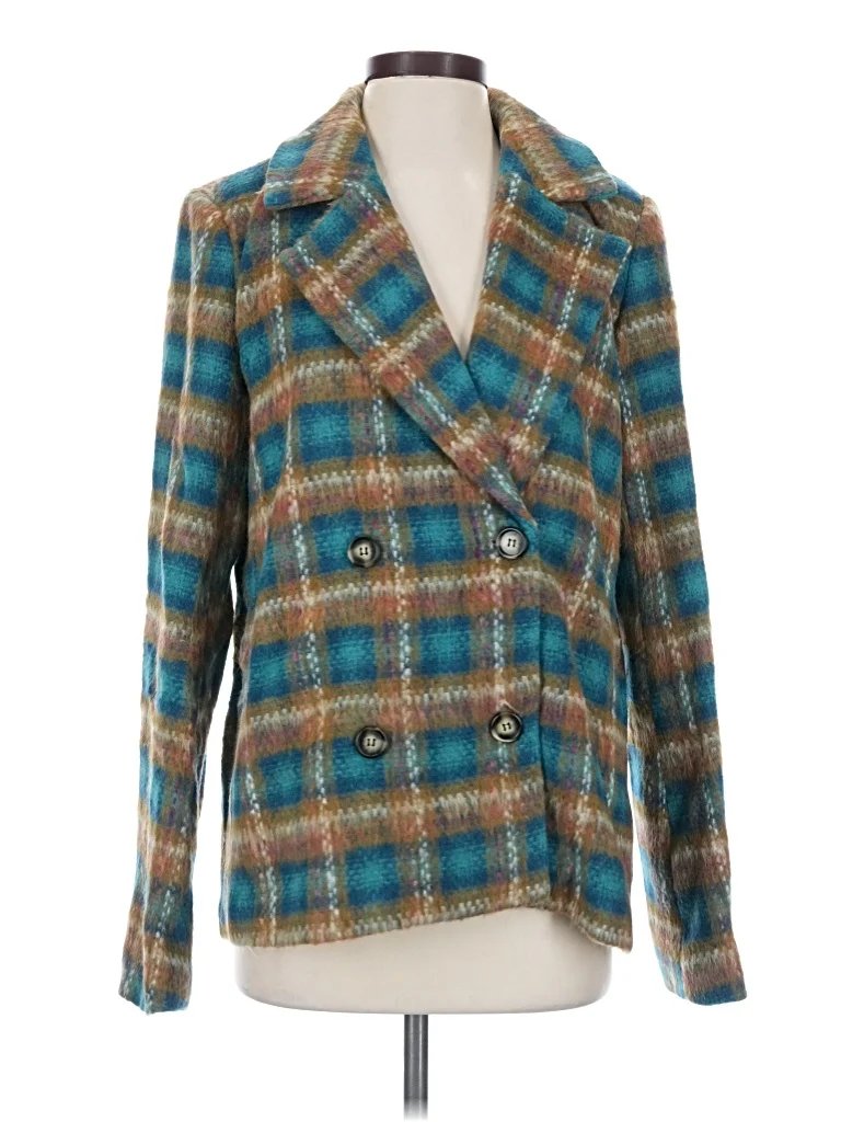 Amalli Talli Blazer Jacket: Teal Plaid Pattern Jackets & Outerwear - Size Small
