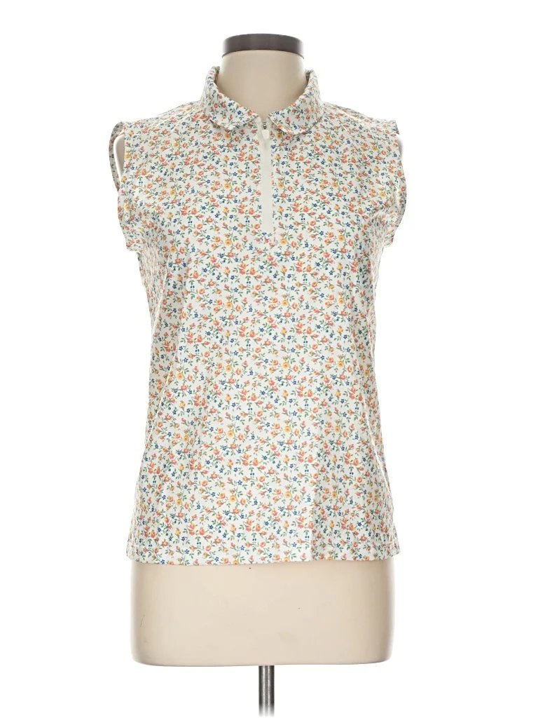 Byrdie Golf Social Wear Sleeveless Button Down Shirt: Ivory Floral Pattern Tops - Size Large