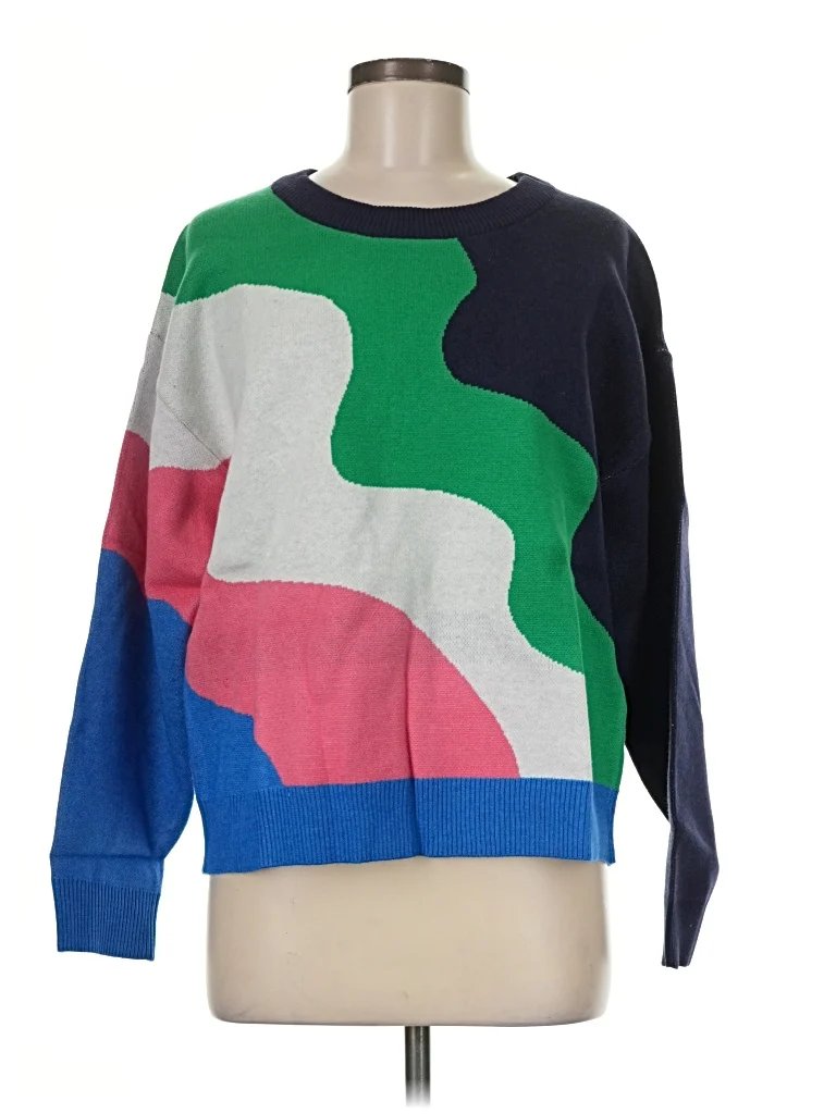 Louche Pullover Sweater: Blue Color Block Pattern Tops - Size 8