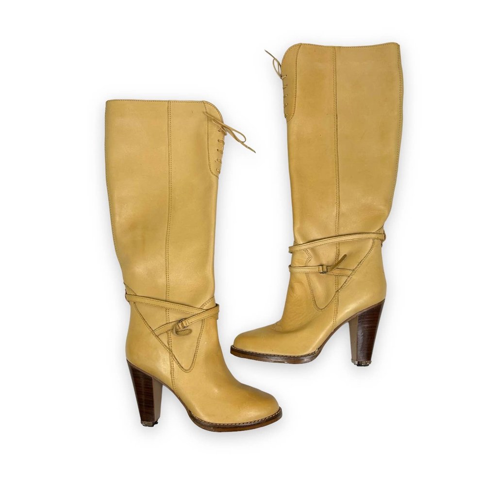Vintage 90s Tan Leather Lace Tie Knee High Boots Size 6.5