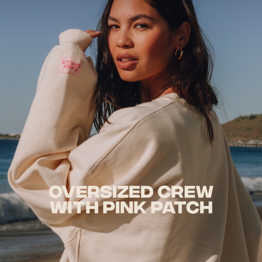 Daily Drills Cream/Sand Oversized Crew W/ Pink Patch Nwt