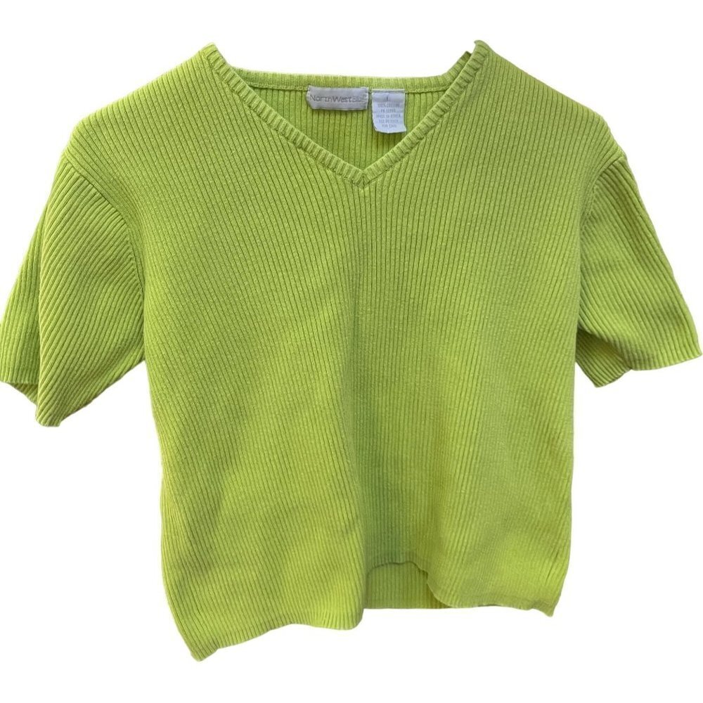 Northwestblue Womens Casual Green Cable Knit Top Short Sleeve Size L
