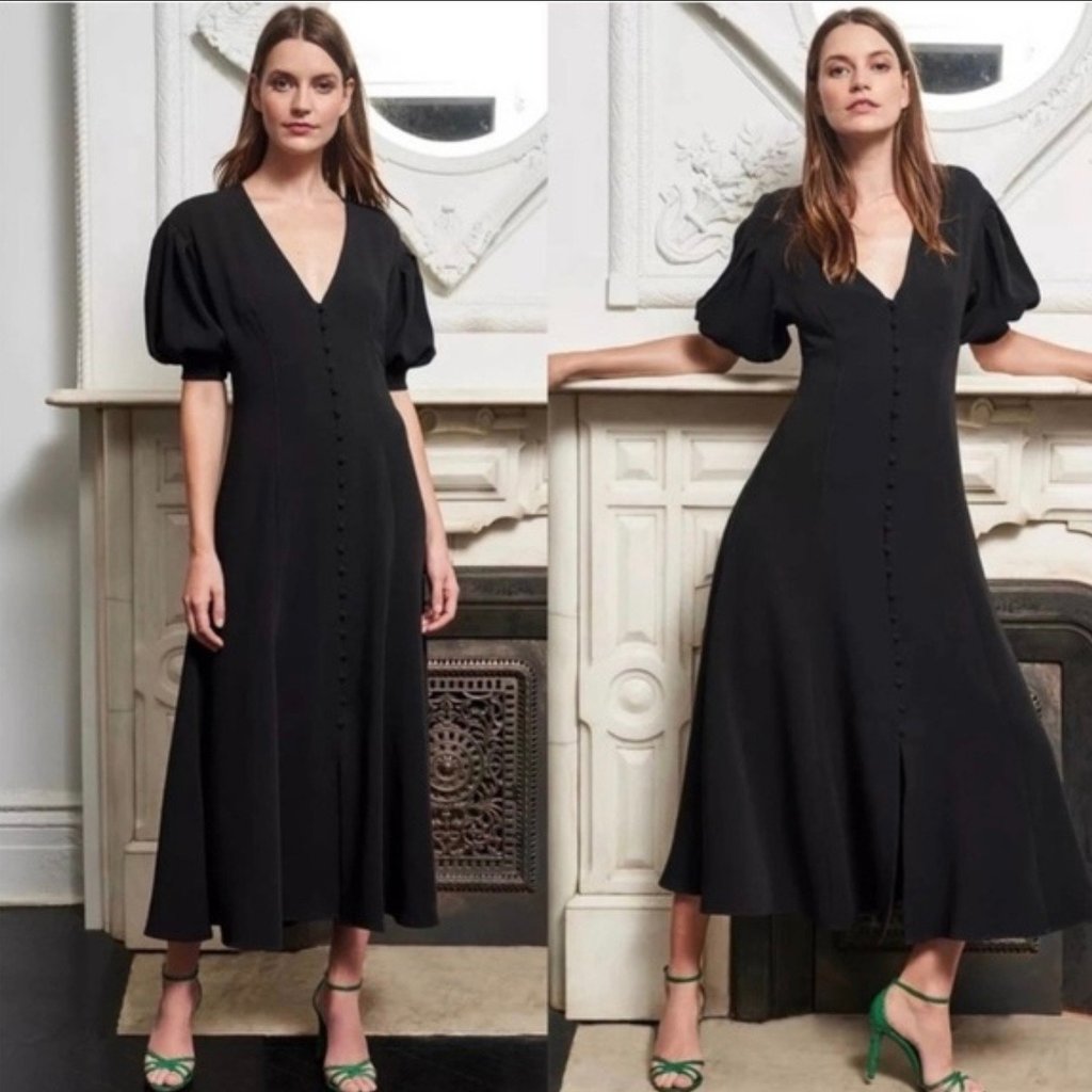 La Ligne Black Midi Dress With Puff Sleeves