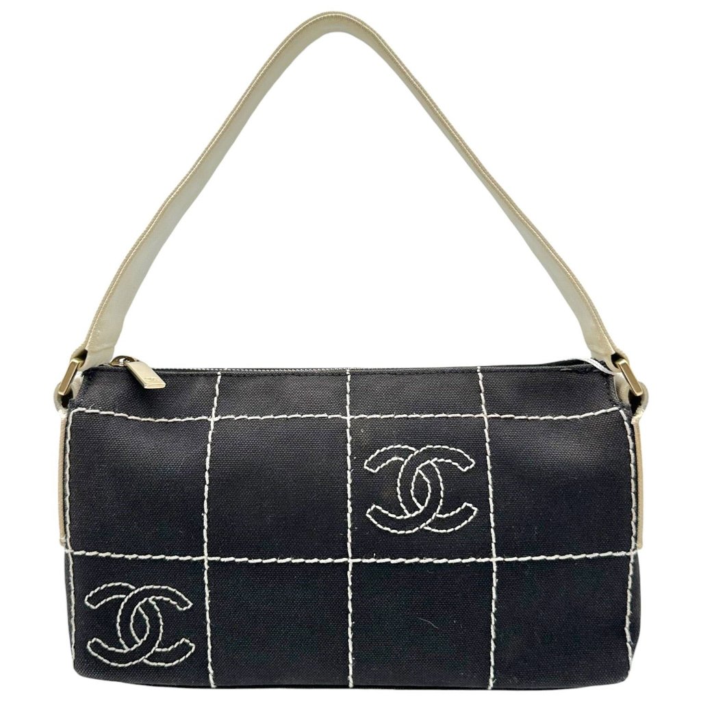 Chanel Gray & White Canvas Chocolate Bar Cc Logo Embroidered Shoulder Bag