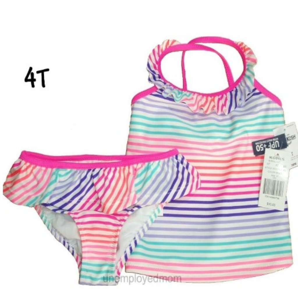 Girls Swimsuit 2 Pc Two Piece Swim Bathing Suit Tankini Top Striped Set