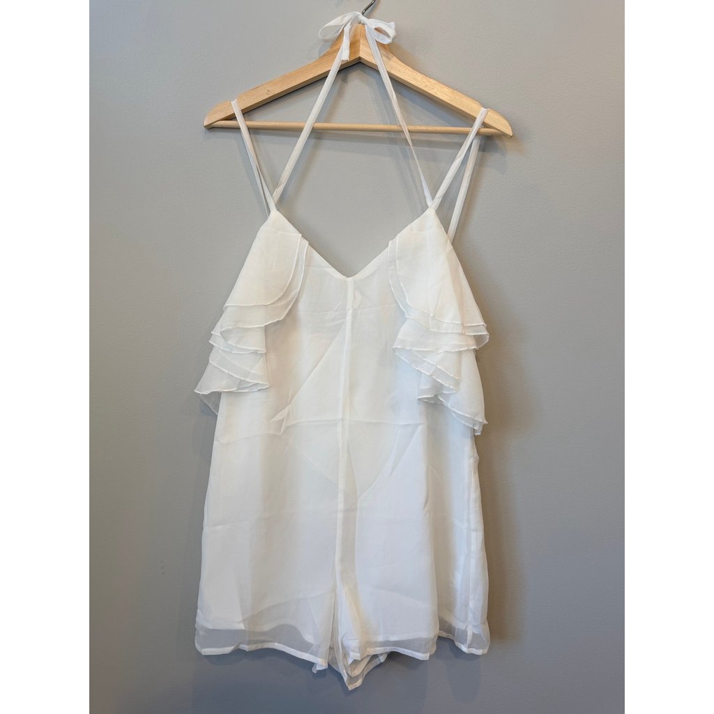 May & July White Ruffled Strappy V-Neck Romper Dress Boutique Size M