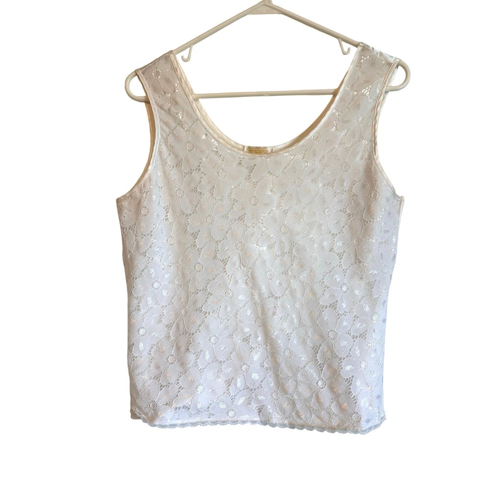 Escapades Vintage White Satin Lace Front Sleeveless Top Medium Coquette Y2k