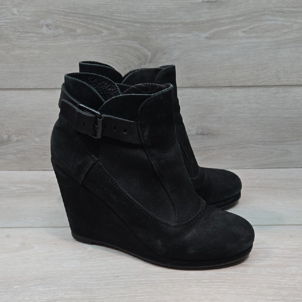 Allsaints Women Ankle Black Suede Wedge Boots With Buckle Shoes Sz 38/7