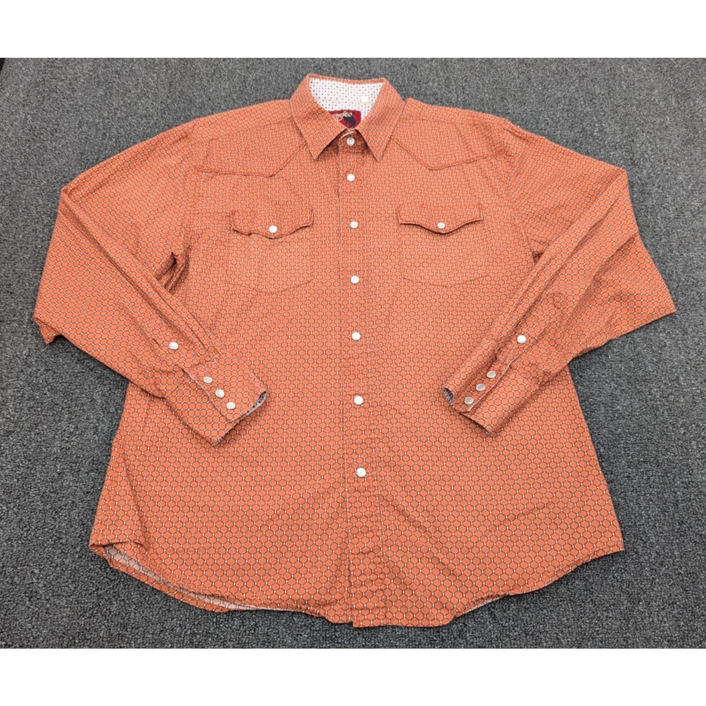 Rodeo Clothing Long Sleeve Western Geometric Pearl Snap Shirt Orange Size Xl