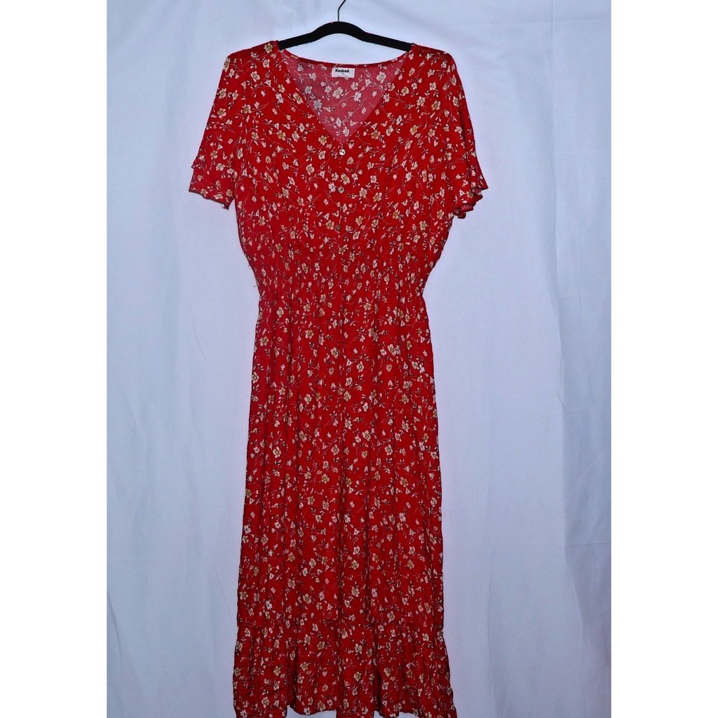 Kindred Red Floral Maxi Dress Size 2x Short Sleeve V Neck Boho Cottagecore