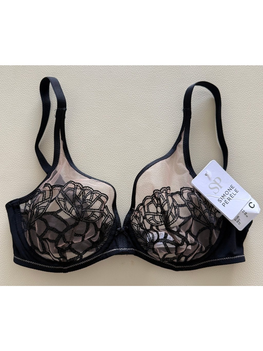 Simone Perele 32c Black Embroidered Sheer Underwire Bra 12g319 Delice Nwt