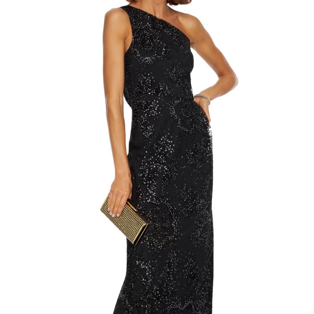 Marchesa Notte One Shoulder Dark Navy Glitter Tulle Evening Gown Size 2 Nwt