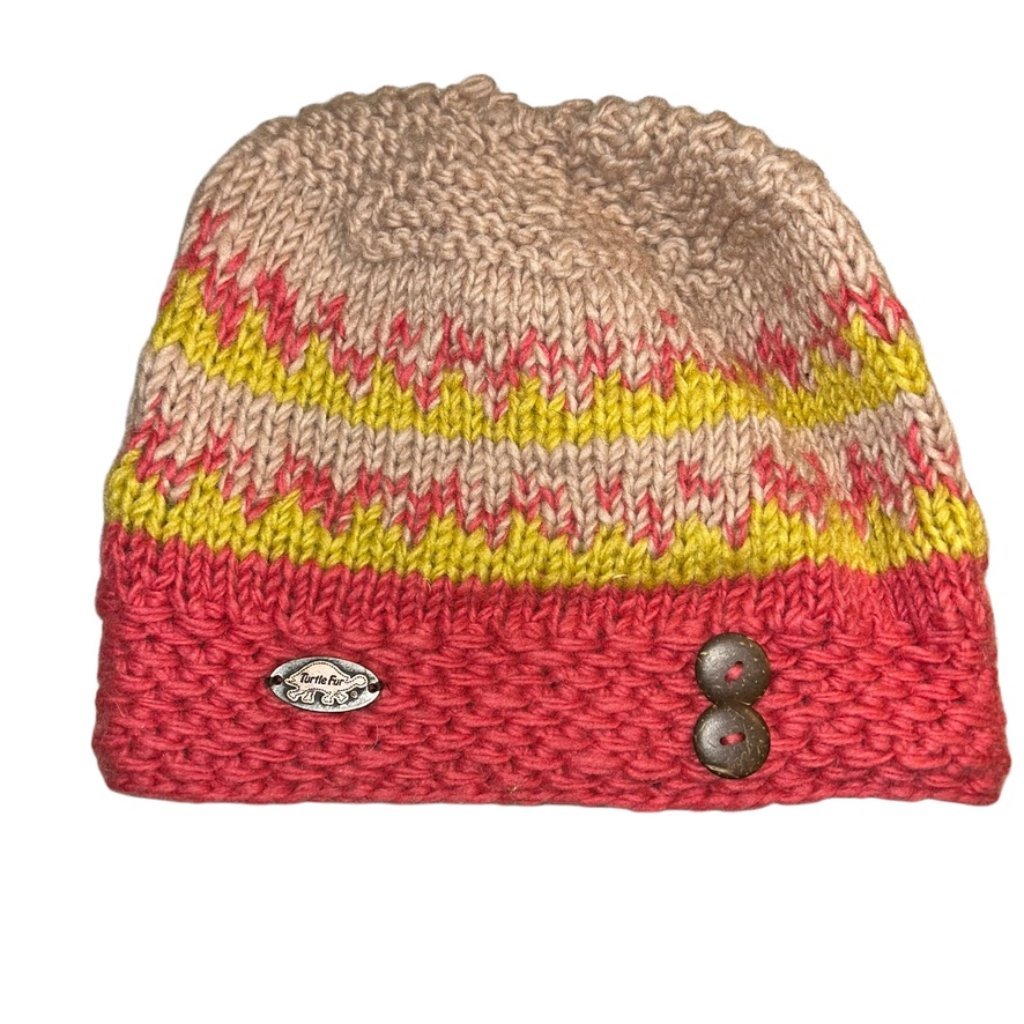 Turtle Fur Pink Salmon Yellow Fair Ilse Fleece Lined Wool Knit Cap Hat S