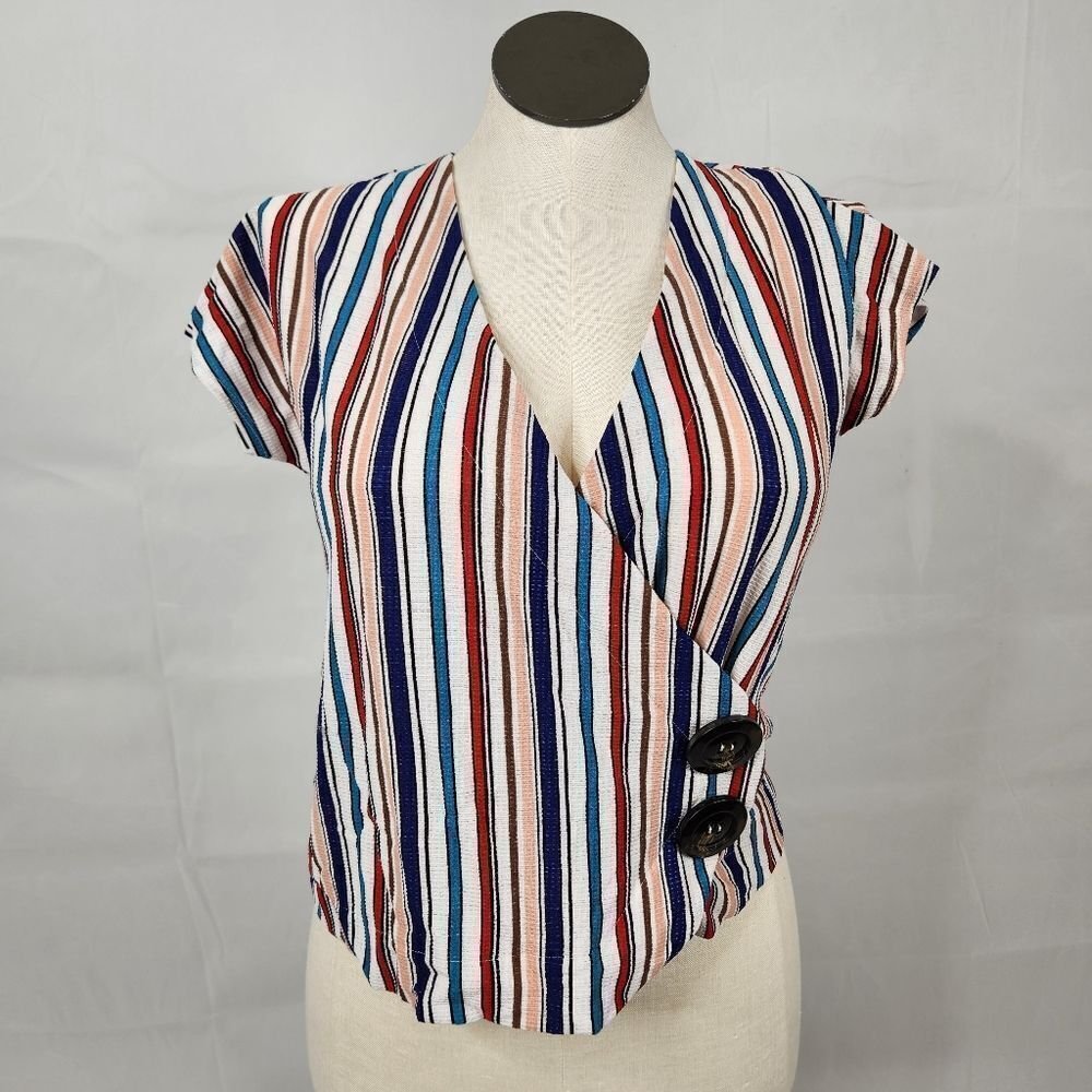 Uncommon Job Striped Wrap Buttoned V-Neck Top Sz M