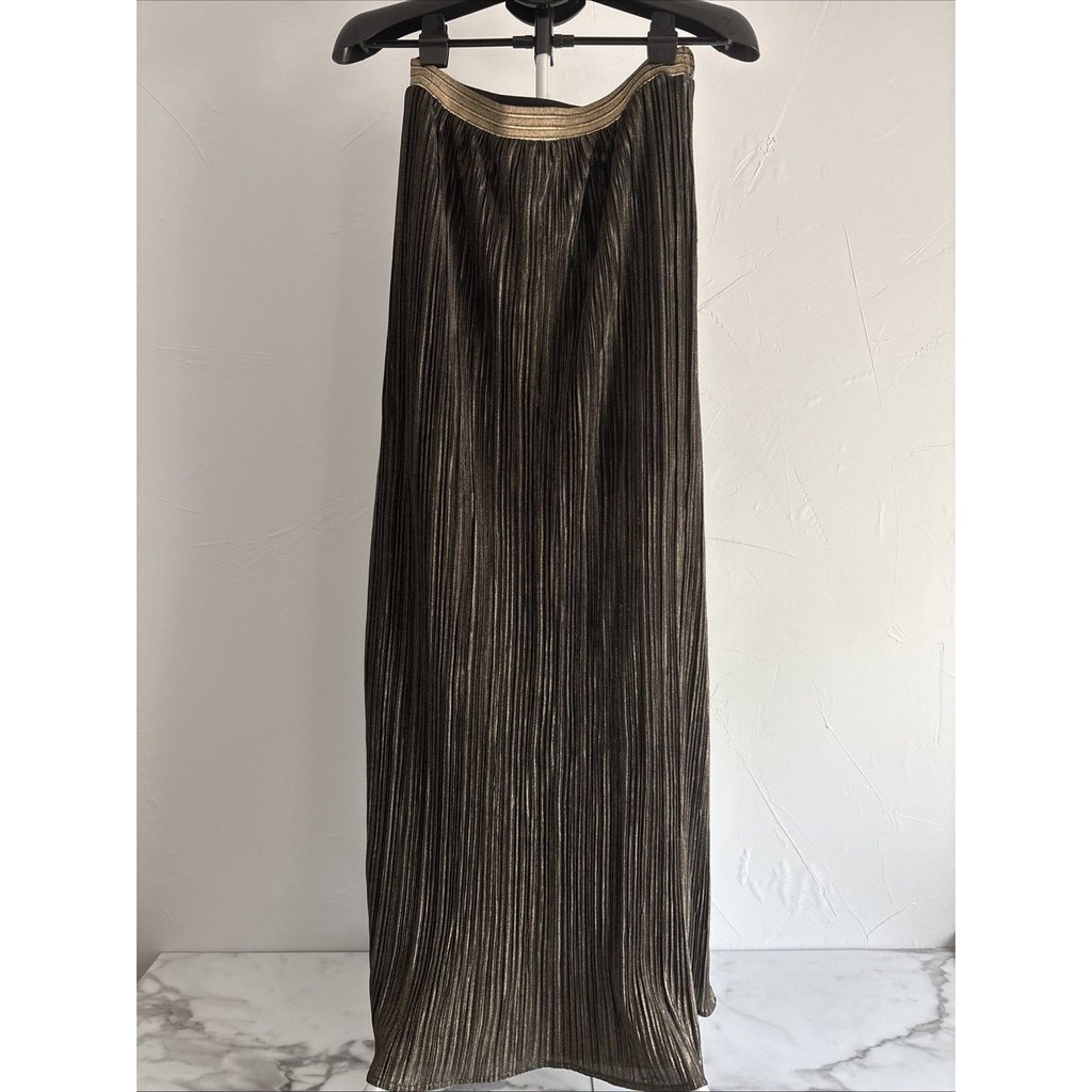 Skies Are Blue Metallic Pleated Gold Bronze Accordian Shimmer Maxi Skirt