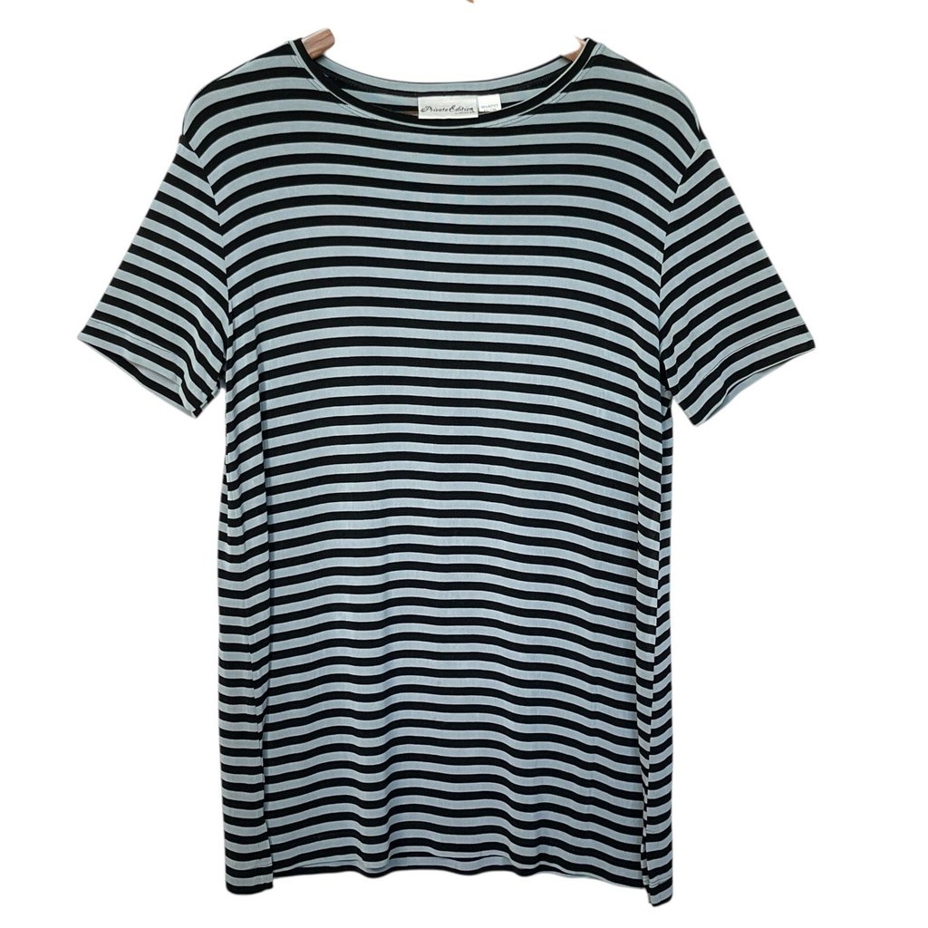 Private Edition By Chico's Blue Black Striped Short Sleeve Top Size 1 Small Usa