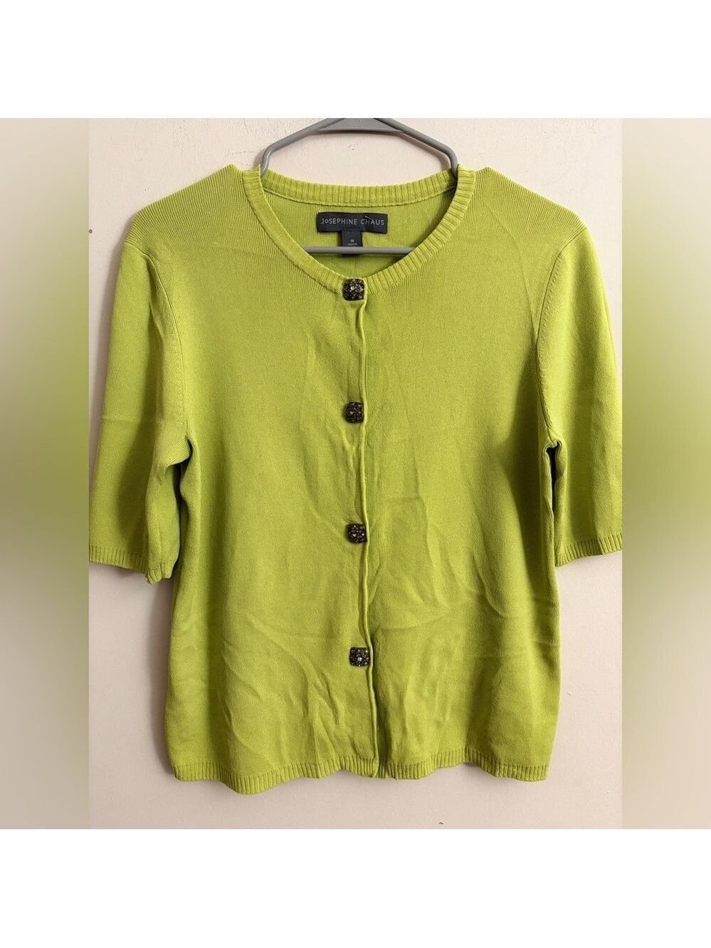 Josephine Chaus Bright Green Cardigan Sweater With Rhinestone Buttons Size M