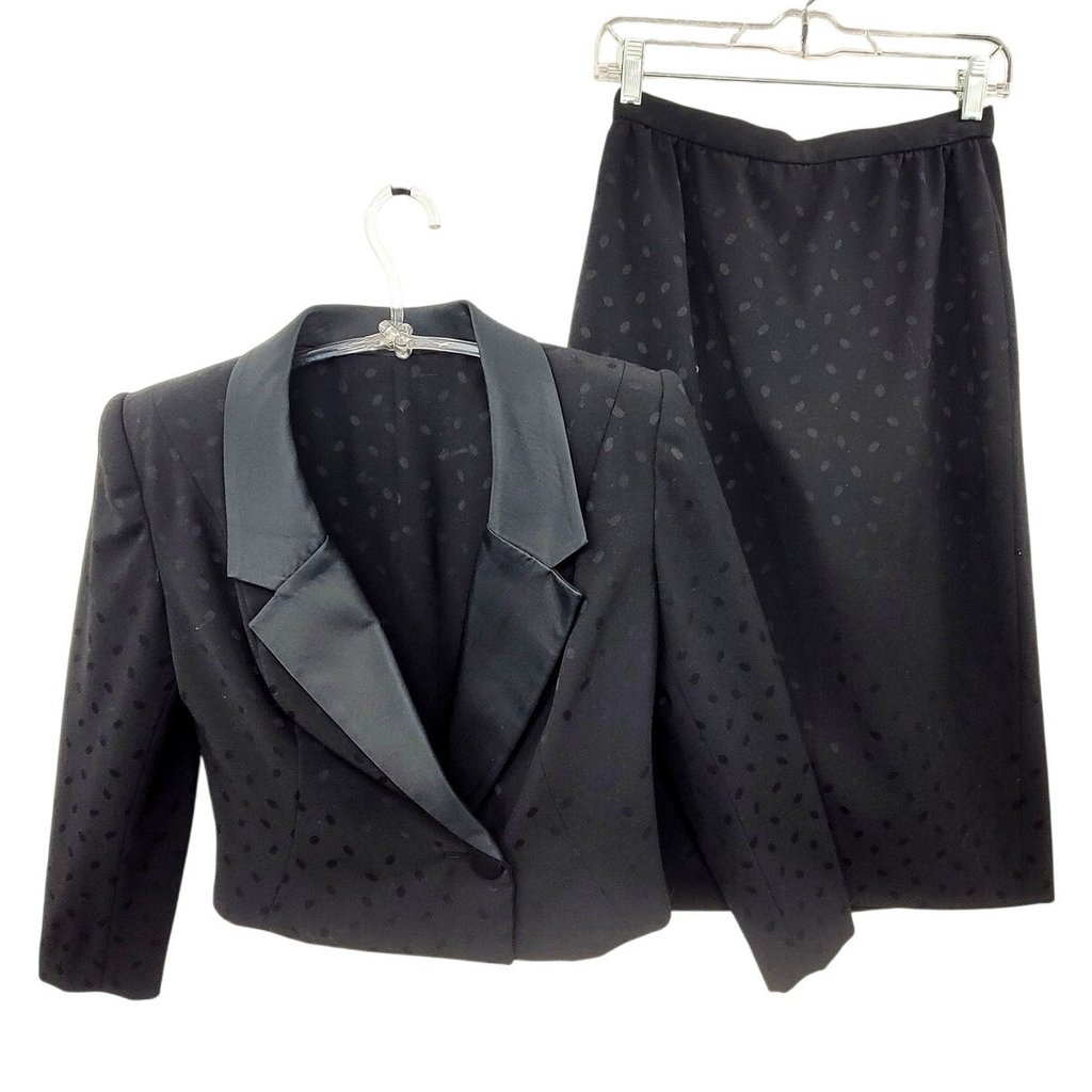 Estevez Vintage Black Damask Short 1 Button Blazer Midi Skirt Set Outfit Size 6