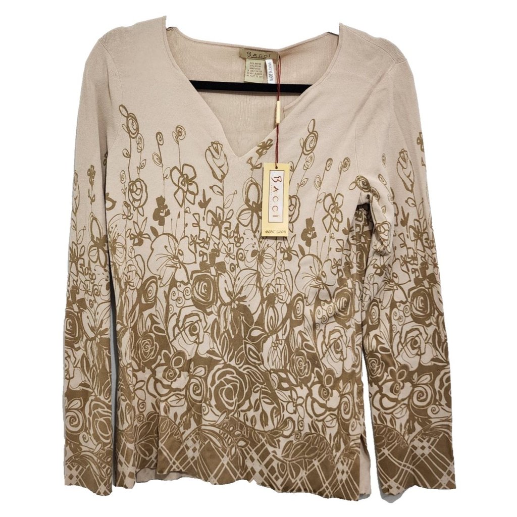 New Bacci Italian Design Knit Sweater Size M Floral Khaki Tan Long V-Neck Nylon